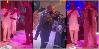 At Eniola Badmus' Party, Davido Dances With KWAM 1, Gives Tight Hug While Spraying Both Of Them On Stage