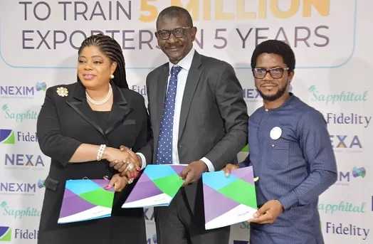 L-R: MD/CEO FIDELITY Bank Plc, Mrs. Nneka Onyeali-Ikpe; MD/CEO NEXIM Bank, Mr. Abubakar Bello and founder Sapphital Learning Limited, Mr. Amu Ogbeide during the signing of the NEXA Memorandum of Understanding between Fidelity Bank, NEXIM Bank and Sapphital in Abuja.